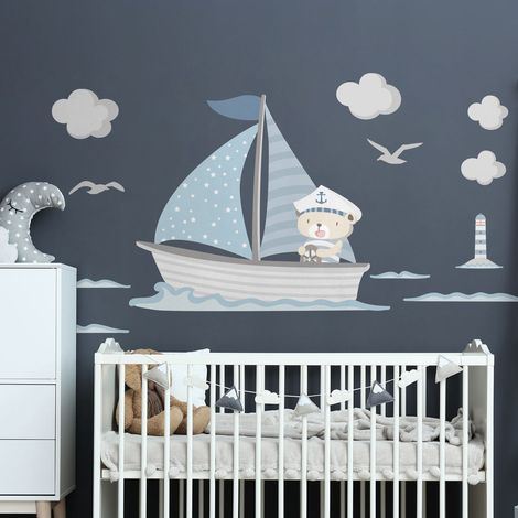 Stickers muraux Sticker Mural Autocollant - OURSON SUR SON BATEAU - Stickers adhésifs - 70x85cm (1/5)