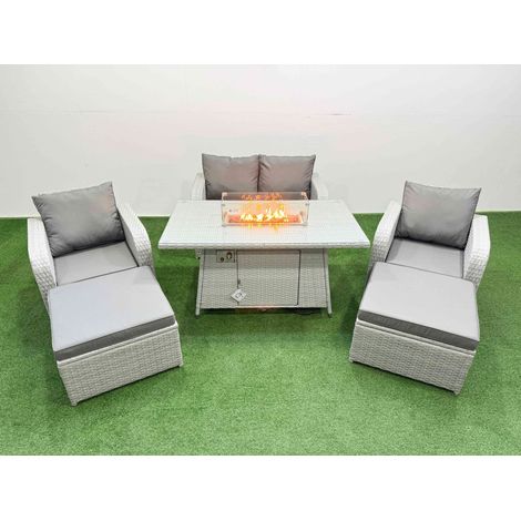 Fimous Light Grey PE Wicker Rattan Garden Furniture Set Sofa Set Reclining Chair Firepit Dining Table 6 Seater 2 Big Stools (1/4)