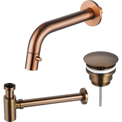 FugaFlow Eccelente Ensemble robinetterie pour lavabo - encastré - bec 18cm - raccourcissable - siphon - bouchon toujours ouvert - Cuivre brossé PVD
