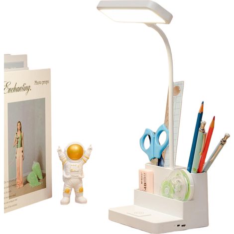Lampe De Bureau Led - Col De Cygne Réglable - 3 Modes De Couleur Et Gradation Continue - Support Pour Stylo Et Smartphone - Blanc - 1 Pièce (1/5)