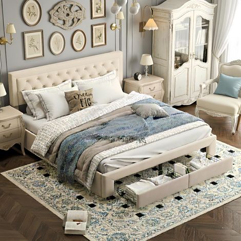 Cama 160x200 cm, cama con cabecero capitonnée y rangement, sistema de almacenamiento de eelvación hidráulica, con 2 cajones en bot de cama, terciopelo, somier de láminas - Beige