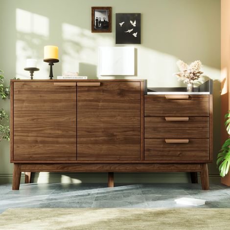 Buffet aspect chêne 120x40x77cm - avec 2 portes et 3 tiroirs - plateau effet marbre - Naturel (1/5)