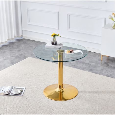 Tavolo alto da bar 85 cm trasparente in vetro temperato e metallo dorato con base stabile (1/5)
