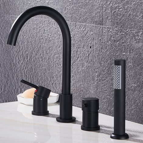 4 Trous Robinet de Douche Chaud et Froid Mitigeur Robinet Douche pour Baignoire Bifonctionnel Robinet Baignoire avec Pommeau de Douchette Extractible,Noire (1/5)