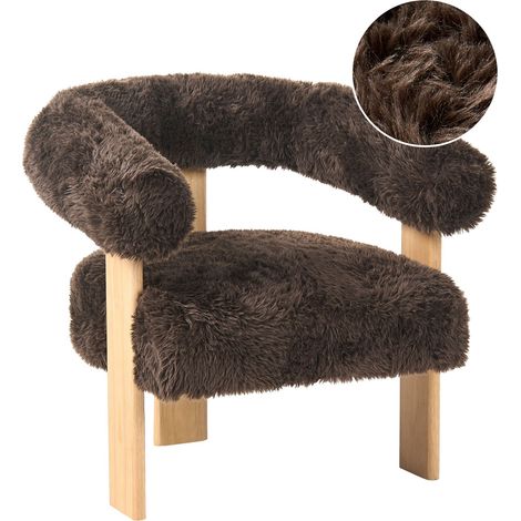 Poltrona da salotto retrò con rivestimento in pelliccia sintetica e gambe in legno marrone chiaro e marrone scuro Ilbro
