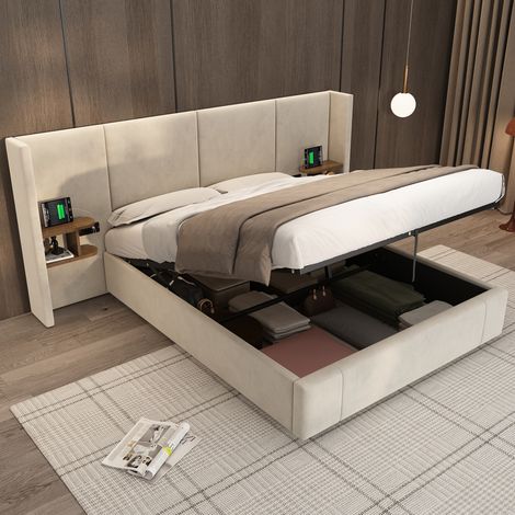 Cama tapizada 160/200 cm beige de terciopelo con almacenaje hidráulico, USB, enchufes y 2 mesitas (1/5)