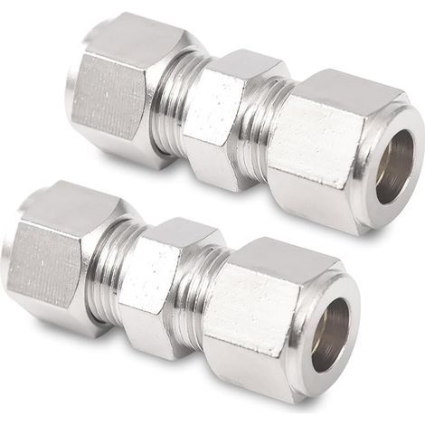 Lot de 2 raccords de tuyau de compression - En acier inoxydable OD - 8 mm - Raccord droit - Pour tuyauterie et compresseurs d'air - Argenté (1/5)