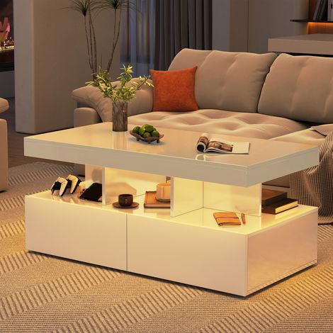 Tavolino moderno lucido 104x53x46 cm, illuminazione LED RGB, 2 cassetti, compartimenti di stoccaggio multifunzionali - Bianco