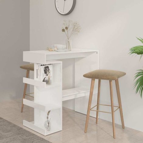 Table haute étagère de rangement Table de bar - Mange-Debout Blanc brillant 100x50x101,5cm BV159519 - BonneVie (1/5)