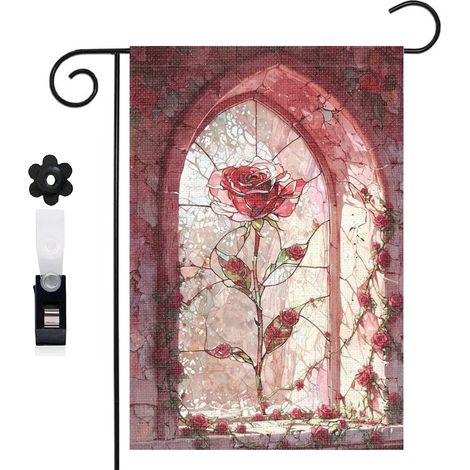 Drapeau de jardin rose rouge et vitrail gothique 30 x 45 cm décoration extérieure jardin (1/5)