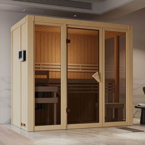 Sauna Intérieur 2-3 Places Poêle 3.6kW Epicéa Nordique 68mm Karibu Irava (1/5)