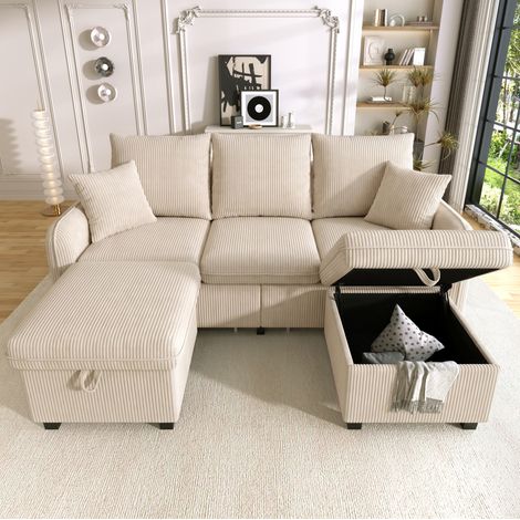 Sofá cama de 3 plazas con 2 pufs con almacenaje, terciopelo acanalado beige, modular y convertible en L o cama, ideal para espacios pequeños - CHICFURN (1/5)