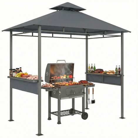 Pavillon de barbecue 2,4 x 1,4 m, abri de barbecue résistant au vent avec double toit, ouverture de ventilation, étagères latérales