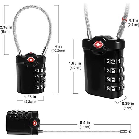 Code 4 Chiffres Cadenas Bagage pour Valise Voyage Cadenas Casier Collège avec Fonction d'alerte Bagages Ouverts et Cable en Acier (Noir)-1 article-Fei Yu (1/3)