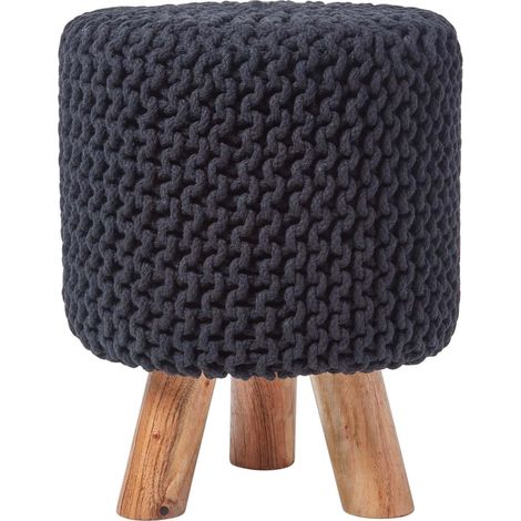 HOMESCAPES Black Tall Cotton Knitted Footstool on Legs (1/5)