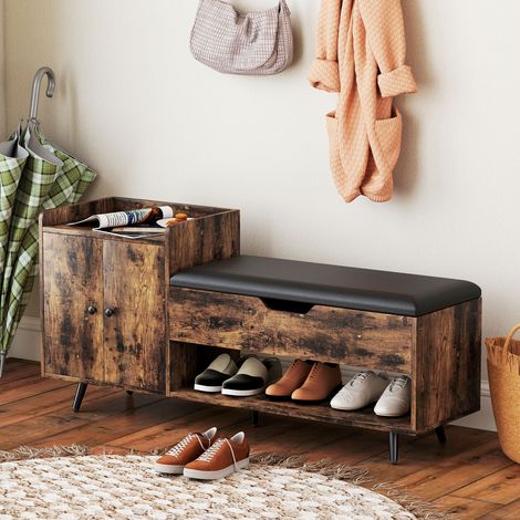 Banco Zapatero Industrial con Asiento Acolchado Compartimento Oculto Estantes Puertas 127x35x59 cm Marrón Rústico (1/5)