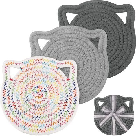 3 Set de Table Rond Tressé Lin Coton Lavable, Couleur Enfant Forme Chat Mignon, Épais 0,8cm Nature Tapis Résistant à la Chaleur (18cm, Gris Foncé, Gris, Multicolore), (AA-2001) (1/5)