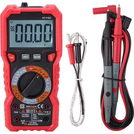 Multimètre numérique portatif HT118C, testeur de température AC/DC Volt Amp Ohm, capacité Hz avec lampe de poche