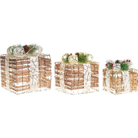 Conjunto de 3 decoraciones regalos de Navidad con luces LED blancas cálidas con lazos para interior marrón Tisso