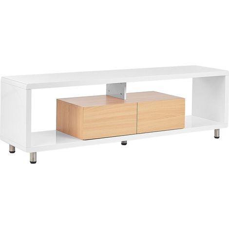 Porta TV aperto con 2 cassetti bianco e legno chiaro dallo stile minimalista Knox