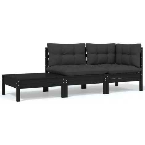 vidaXL 3-tlg. Garten-Lounge-Set mit Kissen Schwarz Kiefer Massivholz (1/5)