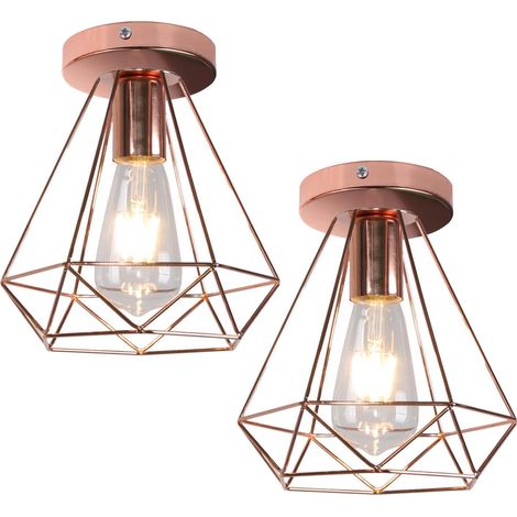 Lot de 2 Plafonnier Industrielle en Métal Cage Carré, Lustre Abat-jour Fer Luminaire E27Noir pour Salon Chambre Bar, 20 CM (Or Rose)
