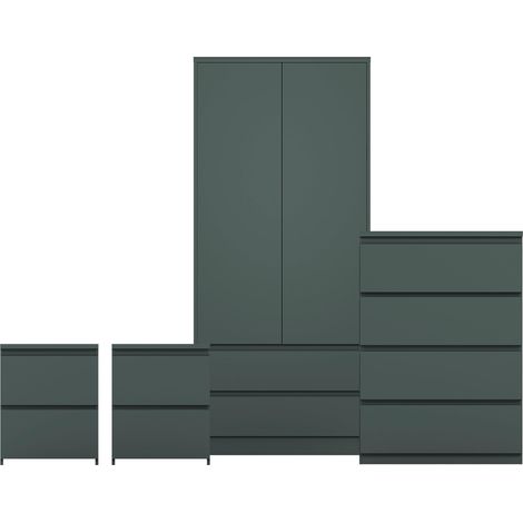 Denver 4 Piece Bedroom Set (2 Drw Bedside Chest, 4 Drw Chest, 2 Door 2 Drw Wardrobe), Green (1/4)