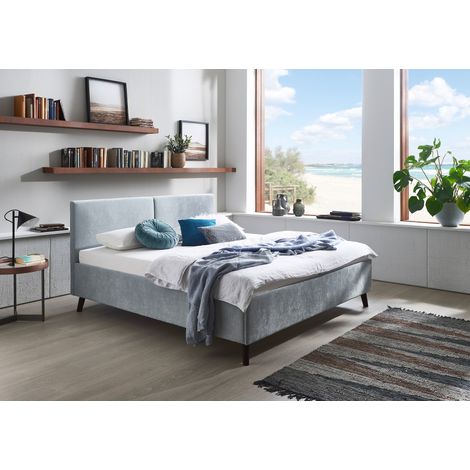 Meise Möbel Polsterbett Piano 160x200 cm Doppelbett Bettgestell Kopfteil mit tiefem Einzug Strukturstoff Hellblau Holzfuß schwarz (1/5)