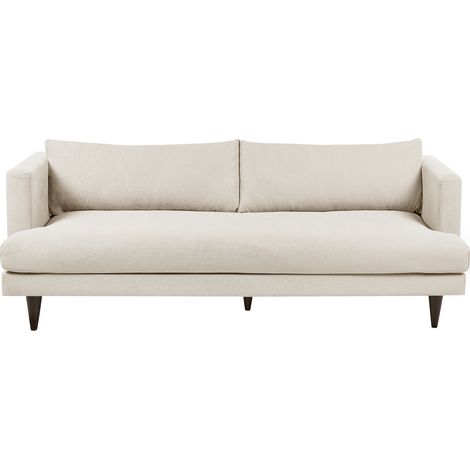 Sofá 3 plazas sala de estar estilo moderno patas madera oscura tela beige claro Jarpen