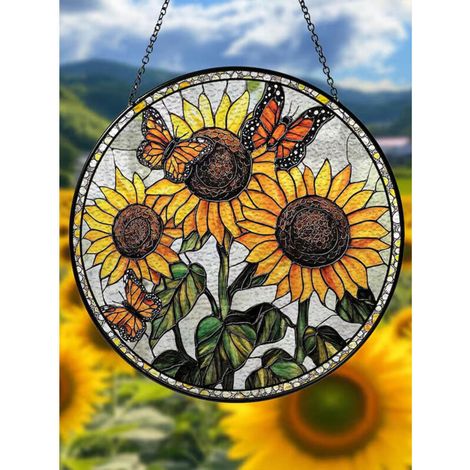 Vitrail tournesol diamètre 16 cm, attrape-soleil intérieur