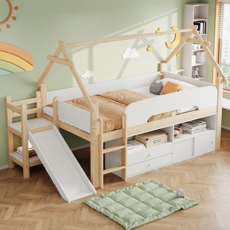 Kinder-Hochbett 90x200 cm mit Rutsche, Stauraum und Spielfläche, Holz, Schubladen, Hausbett-Design, Weiß/Natur (1/5)