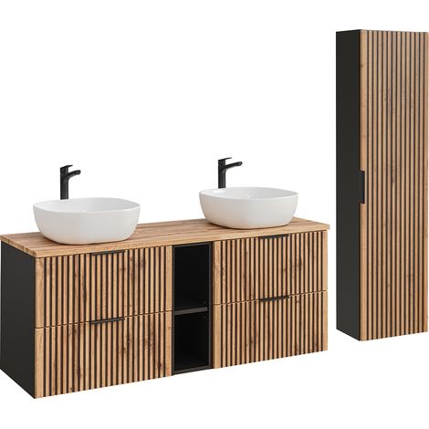 Doppelwaschtisch und Hängesäule 140cm Gaia mit 4 Schubladen, Eichenoptik und Schwarz
