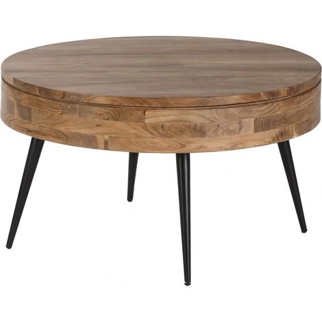 BONAA - Table Basse Ronde Ø90cm Bois d'Acacia Pieds Métal Noir (1/5)