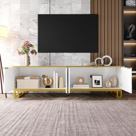 Meuble TV - KOMHTOM - 160x37.5x48 cm - MDF - 4 portes à motif géométrique - Blanc et or (1/5)