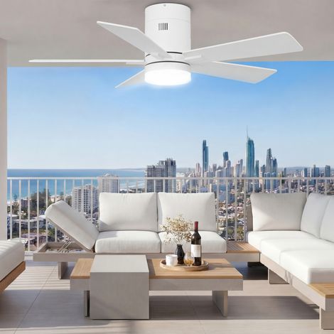 Ventilateur de plafond, silencieux, 107cm, avec télécommande, LED dimmable, 6 vitesses, minuterie, 5 pales, Blanc (1/5)