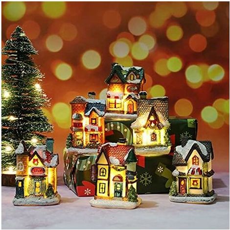 Leuchtende Weihnachtsdorf-Dekoration, 5-teilige Miniatur-Dorf-Innen-Weihnachtsdekoration, LED-Weihnachtshaus-Schneeflocken-Set, Harz-Dorflandschaft, Weihnachtsdekoration, Innen-Tischdekoration (1/5)