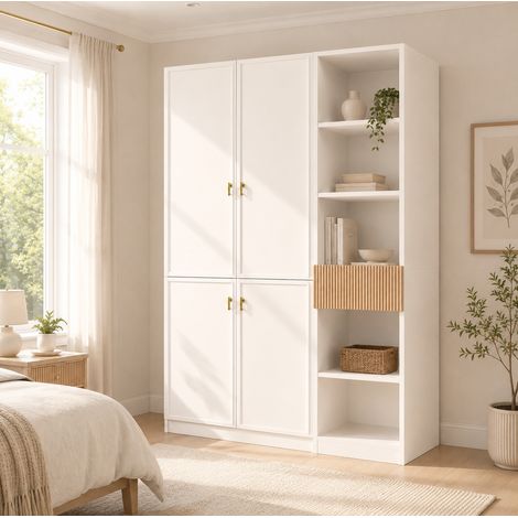MODFU – Armario vestidor 135x50x200 cm de MDF/aglomerado con 2 roperos, 8 nichos y carga 30 kg – Blanco/madera (1/5)