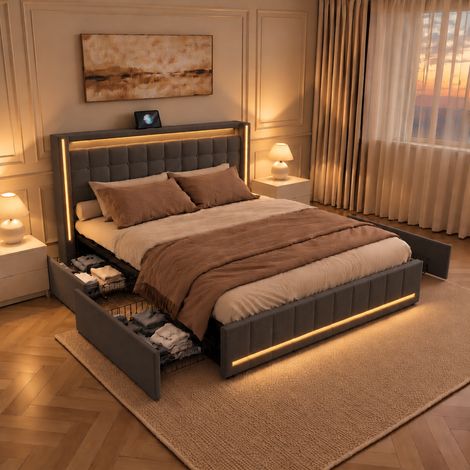 Lit adulte 160x200 avec sommier à lattes,bande lumineuse LED et chargement USB,4 tiroirs,lit double capitonné,tissu en lin,gris