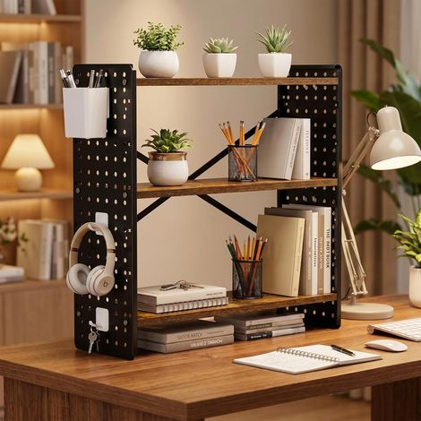 H.J WeDoo Étagère de Bureau à 3 Niveaux/Organisateur de Bureau avec Crochets et bacs de Rangement Organisateur de Bureau pour Bureau, Chambre et Cuisine Noir, 60 × 20 × 60 cm (1/5)