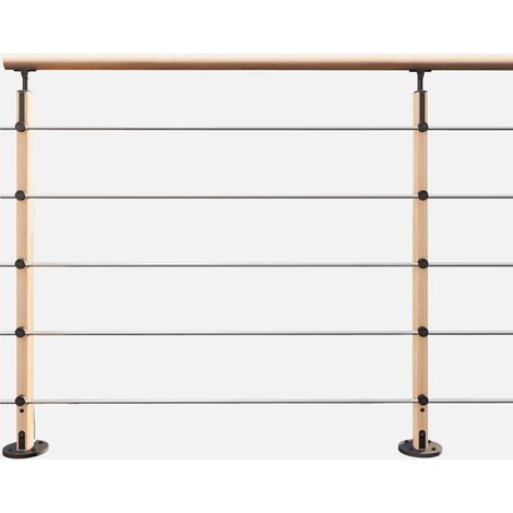 Kordo – Kit garde-corps 2m prêt-à-poser en bois – Fixation à plat – Poteaux en hêtre verni – Tubes en inox – Installation intérieure (1/4)