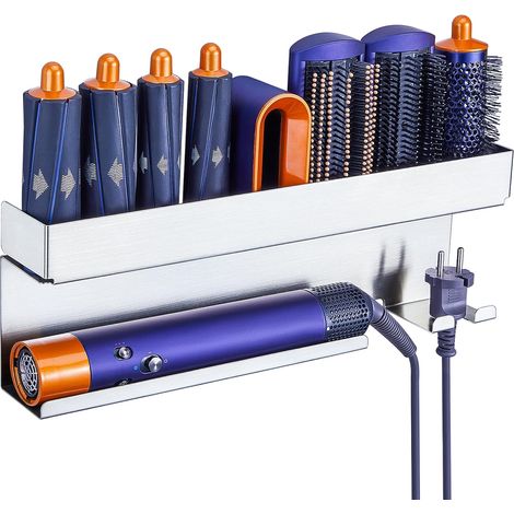 Soporte plateado para secador de pelo, no requiere taladrar, compatible con herramientas de peluquería, para uso en el baño o en salones de belleza profesionales.