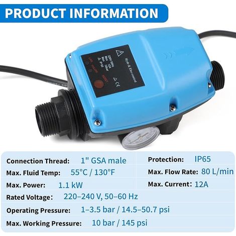 Pressostat Pompe Eau Interrupteur de Pression pour Pompe à Eau Manomètre et Câble Inclus pour Pompe Immergée, Pompe Centrifuge, Pompe de Puits Profond, Pompe de Jardin, Bleu (1/5)