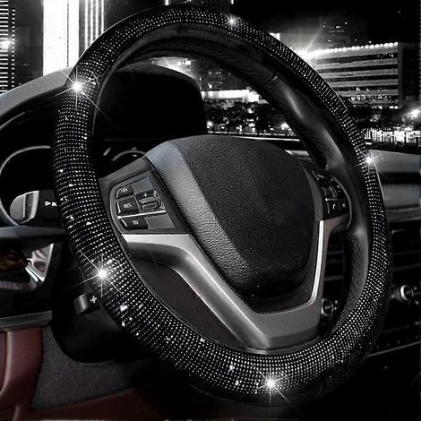Lenkradbezug für Damen und Herren - Funkelnder Strass-Lenkradschutz für Auto SUV - Universelle Passform 38 cm (Schwarz mit schwarzen Strasssteinen) (1/3)