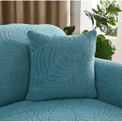 Funda de cojín hidrófuga de 45x45 cm - Juego de 2 fundas de cojín - Estampado de hojas jacquard azul brillante (1/5)
