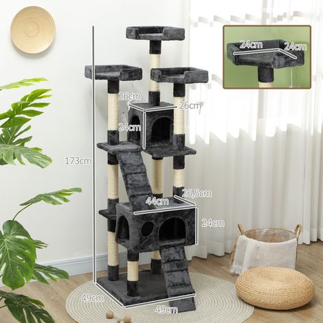 Arbre à chat 173 cm avec grotte, poteaux en sisal, grande plateforme, plusieurs niveaux, arbre à chat, pour petits chats, gris (1/5)