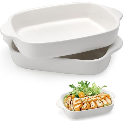 Lot de 2 plats à gratin rectangulaires en céramique - 23,2 x 14,2 x 4,5 cm - Avec poignée - Plat à four rectangulaire en céramique - Pour lasagnes, tiramisu et cocotte (blanc) (1/5)