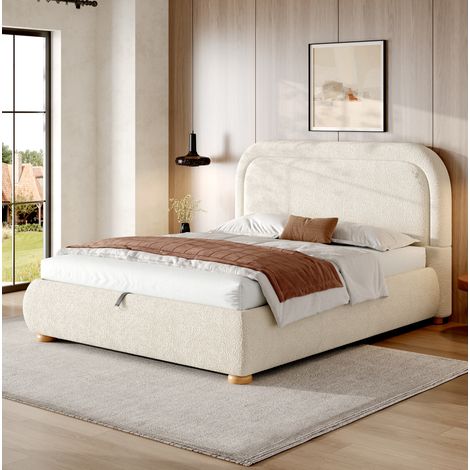 Lit double 140x200 cm en tissu bouclette beige, avec tête de lit rembourrée, sommier à lattes et coffre de rangement hydraulique, sans matelas – idéal pour la chambre, CHICFURN (1/5)