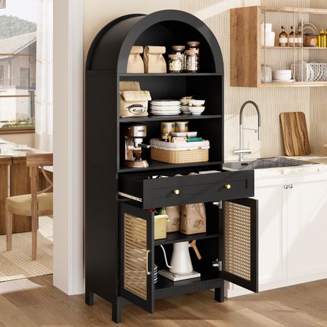 Vitrina armario con puertas de ratán (70x40x170 cm), 3 compartimentos, 1 cajón, 2 puertas, MDF y tablero, negro y efecto madera (1/5)