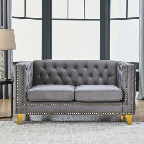 Confort et Décoration Chic Canapé Chesterfield Velours 2 Places Pieds Métal Doré pour Salon et Bureau (1/5)