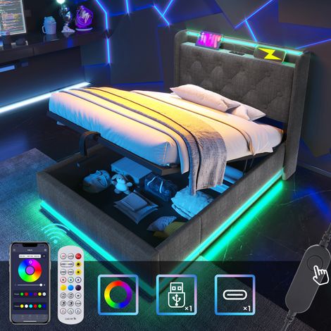 Lit simple capitonné 90x200 cm avec LED 360° et commande app/télécommande, lit coffre hydraulique lin gris avec USB Type-C, sans matelas (1/5)